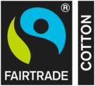 Fairtrade-Siegel mit der Ergänzung in Textform "Cotton", rechts neben dem Siegel, hochkannt
