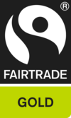 Fairtrade-Siegelmit der Ergänzung "GOLD" (schwarze Schrift auf grünem Hintergrund) unterhalb des Siegels