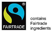 Fairtrade-Siegel mit der Ergänzung "contains Fairtrade ingredients", rechts neben dem Siegel, schwarz auf weiß