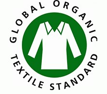 Siegel "Global Organic Textile Standard", Gestaltungselement: ein langärmeliges Hemd mit Kragen; Farben: Weiß auf Grün, Text schwarz
